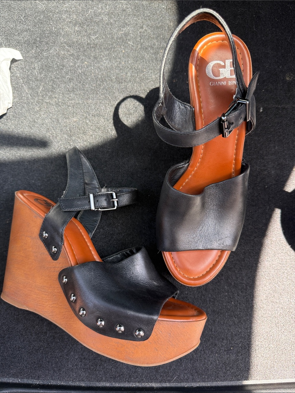 Gianni Bini Black Leather and Tan Wood-Look Wedge Sandals